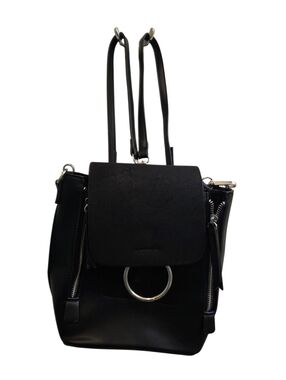 Lulus Faux Leather Black Convertible Mini Backpack Handbag Silver Tone Detail OS